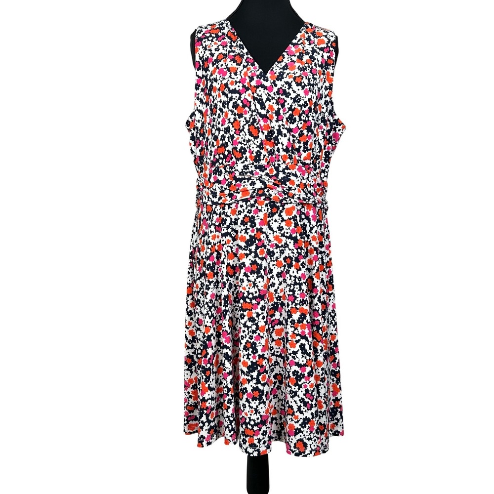 Harper Rose Size 14 Floral Faux Wrap Dress Red Sleeveless Fit Flare Stretchy